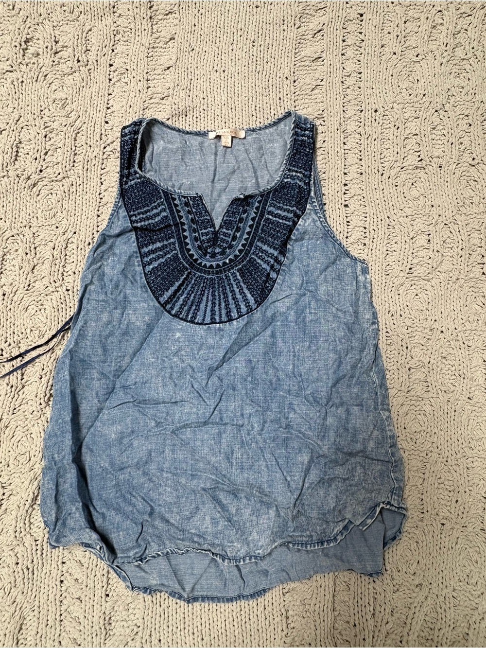 Skies Are Blue Light Chambray Tank with Navy Embroidered Yoke